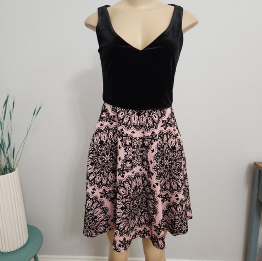 Black Velvet Top Pink & Black Medallion Skirt Dress